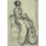 Rose HILTON (1931-2019) Figure With Guitar Charcoal on paper Signed 41 x 27cm