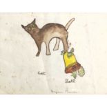 Bryan PEARCE (1929-2006) Cat and Bell Watercolour Signed 21x27cm To verso a watercolour with a teddy