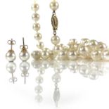 A pearl necklace with 14k clasp, each pearl diameter 8mm, length 93cm, together with a pair of