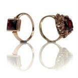 Two 9ct garnet set rings, one hallmarked London 1975, size L, the other in rose gold stamped 9ct,