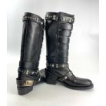 A pair of Dior black leather biker boots, size 37 1/2, with silver hardware and paste studs, FR