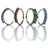 Four 9ct gold stone set rings, weight 6.3g.Three are P 1/2, the dark blue stone ring is O.