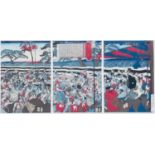 Japanese School woodblock print, circa 1860, triptych battle scene, frame size 61 x 98cm.