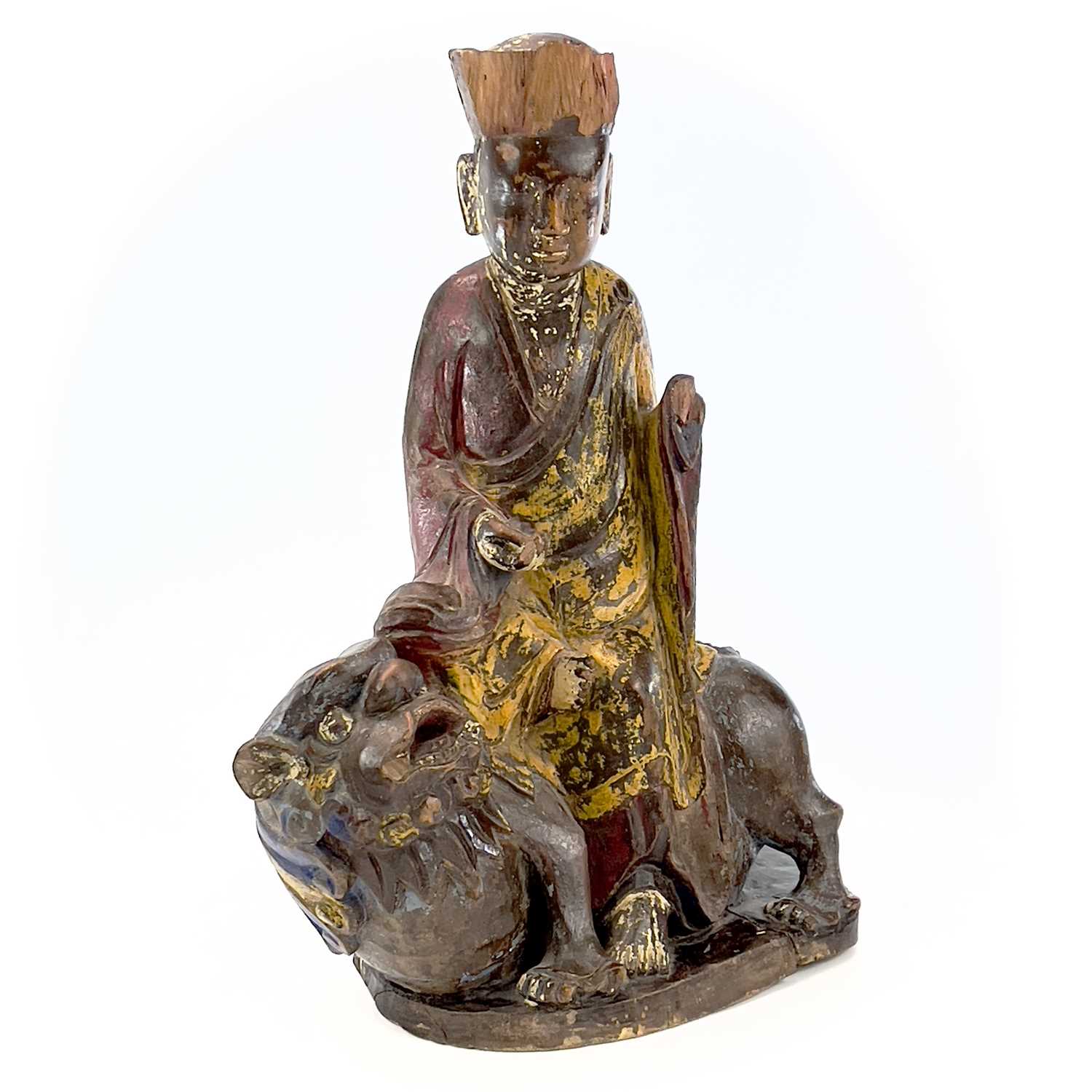 A Chinese carved and painted figure, 19th century, seated in robes wearing a high crown and riding a - Image 7 of 11