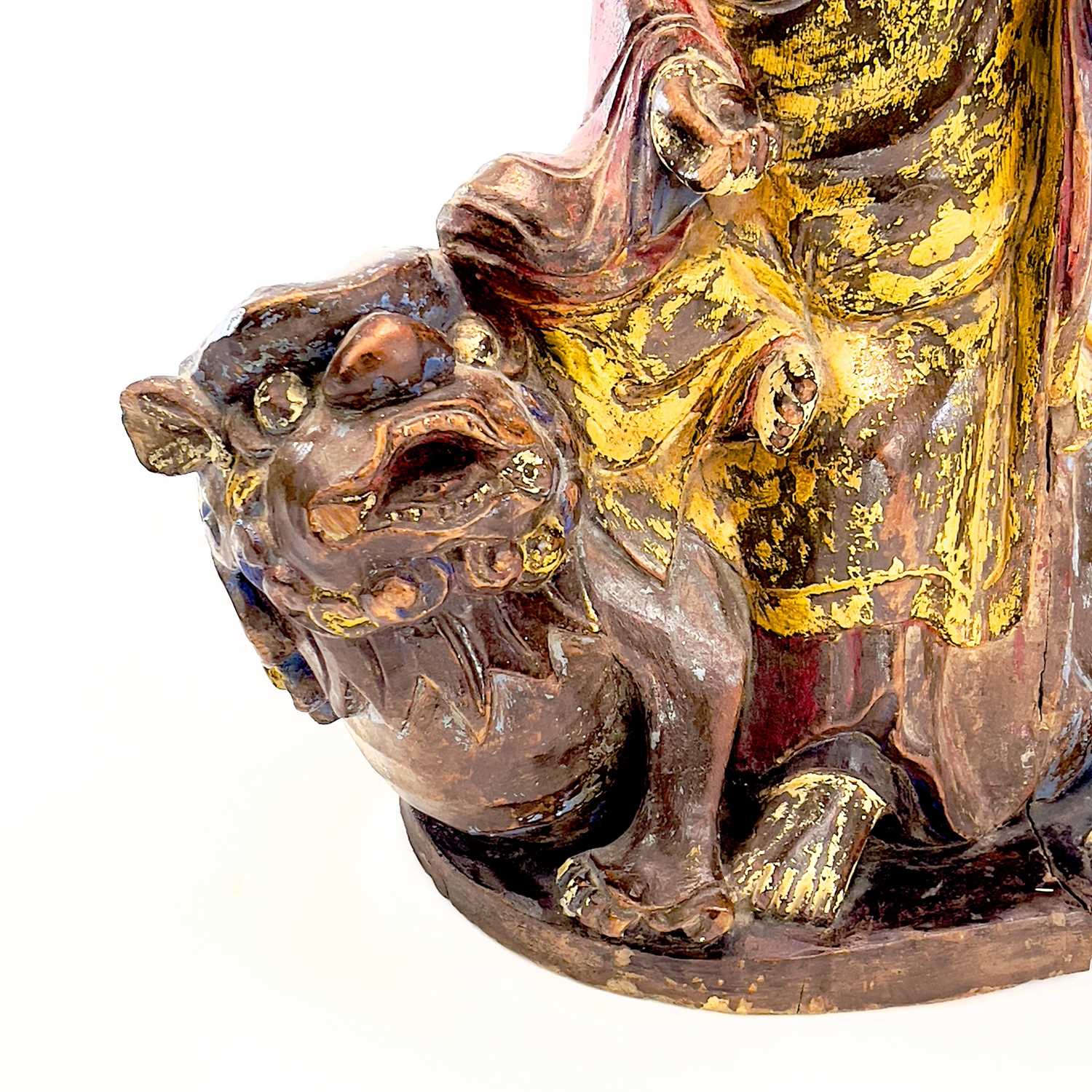 A Chinese carved and painted figure, 19th century, seated in robes wearing a high crown and riding a - Image 8 of 11