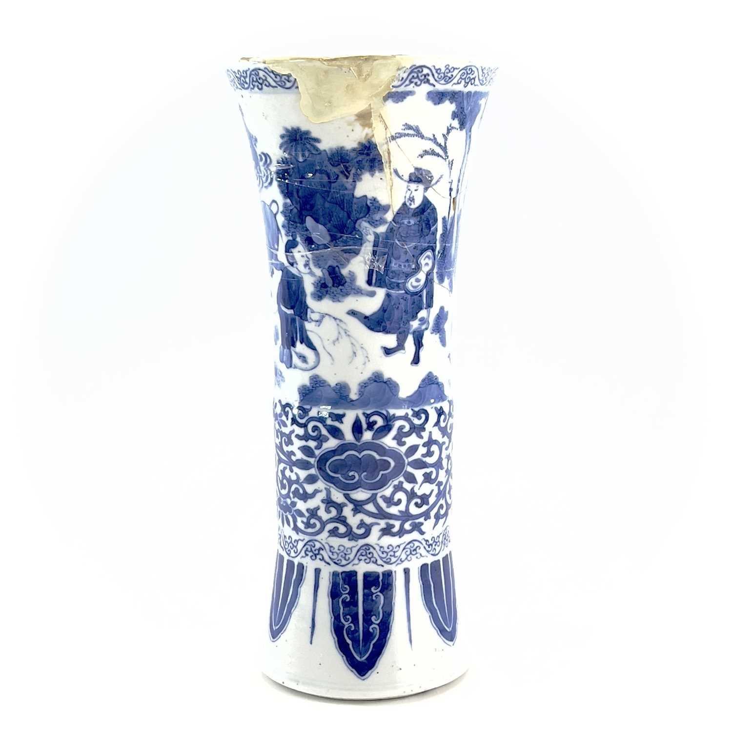 A Chinese blue and white beaker vase, Gu, Transitional, 17th century, painted with figures in a - Image 6 of 23