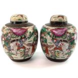 A pair of large Chinese crackle glaze famille verte ginger jars, circa 1900, decorated with a