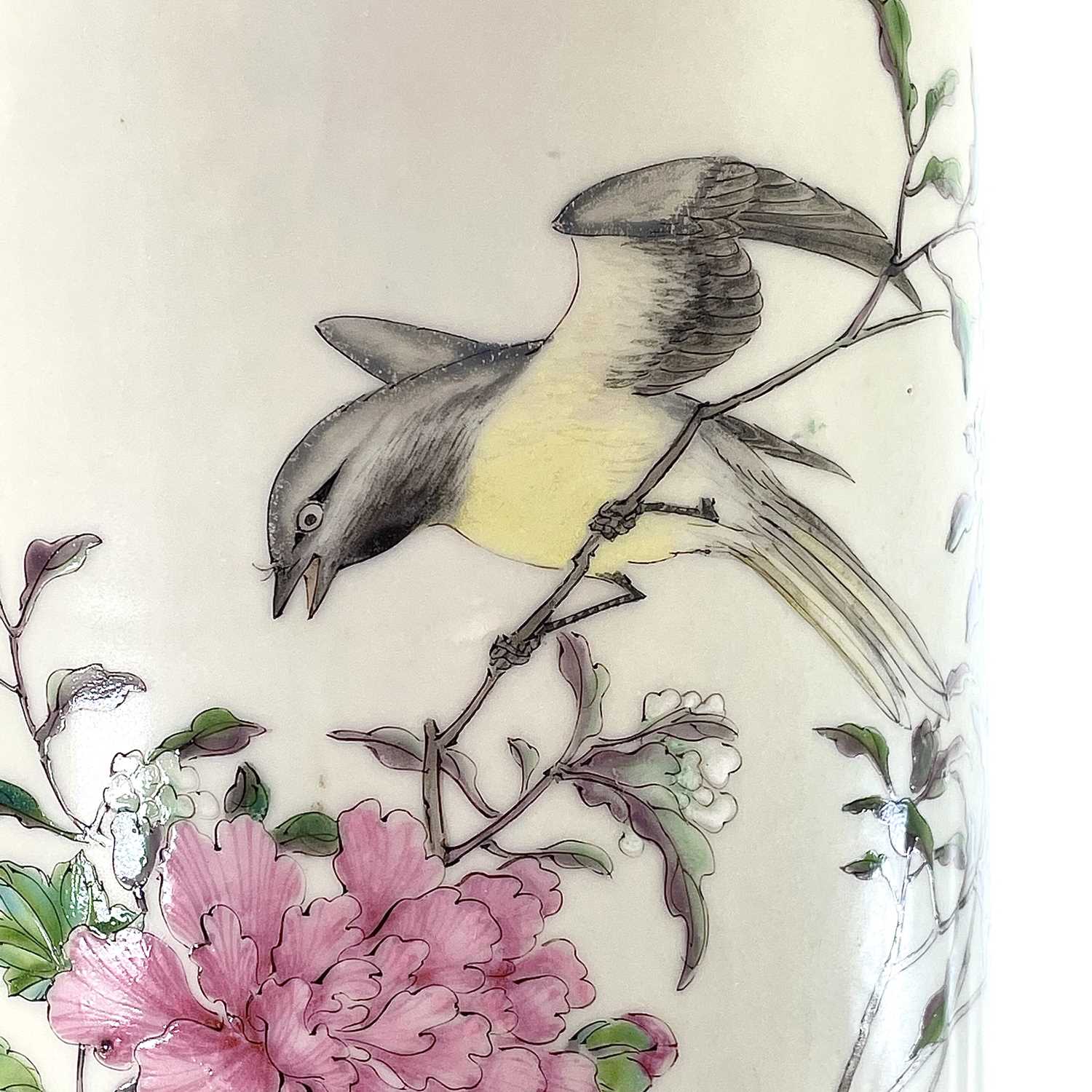 A large Chinese famille rose porcelain brush pot, 19th century, painted with a bird perched on a - Image 8 of 10