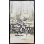 Hong Kong Street Scene, Ink on canvas, indistinctly signed, mid 20th century, 72.5 x 42.5cm.