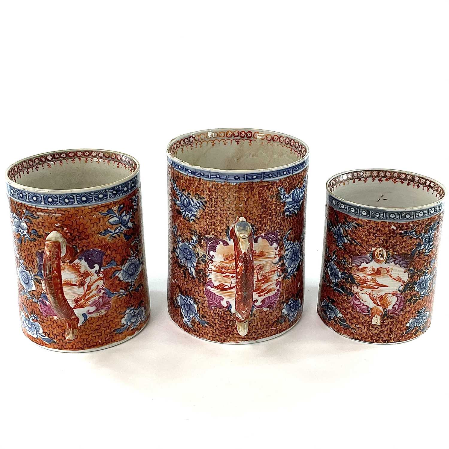 A set of three Chinese graduated porcelain mandarin palette mugs, 18th century, the cylindrical body - Image 3 of 15