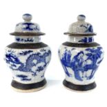 Two Chinese blue and white crackle glaze vases, circa 1900, one decorated with dragons chasing the
