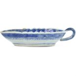 A Chinese blue and white sauce boat, 18th century, the interior decorated with a river scene, height