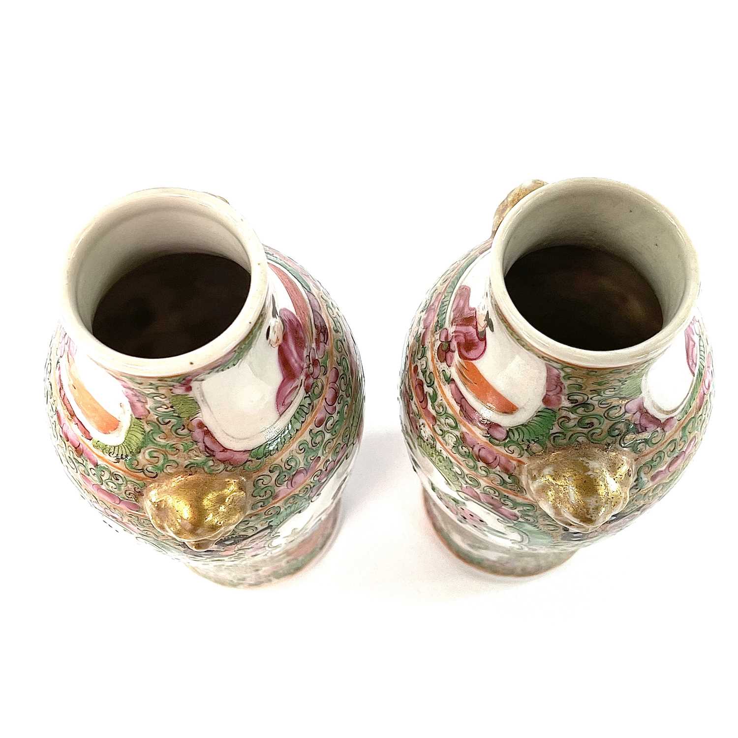 A pair of Chinese Canton porcelain vases, 19th century, each with a panel enclosing figures in an - Image 8 of 9