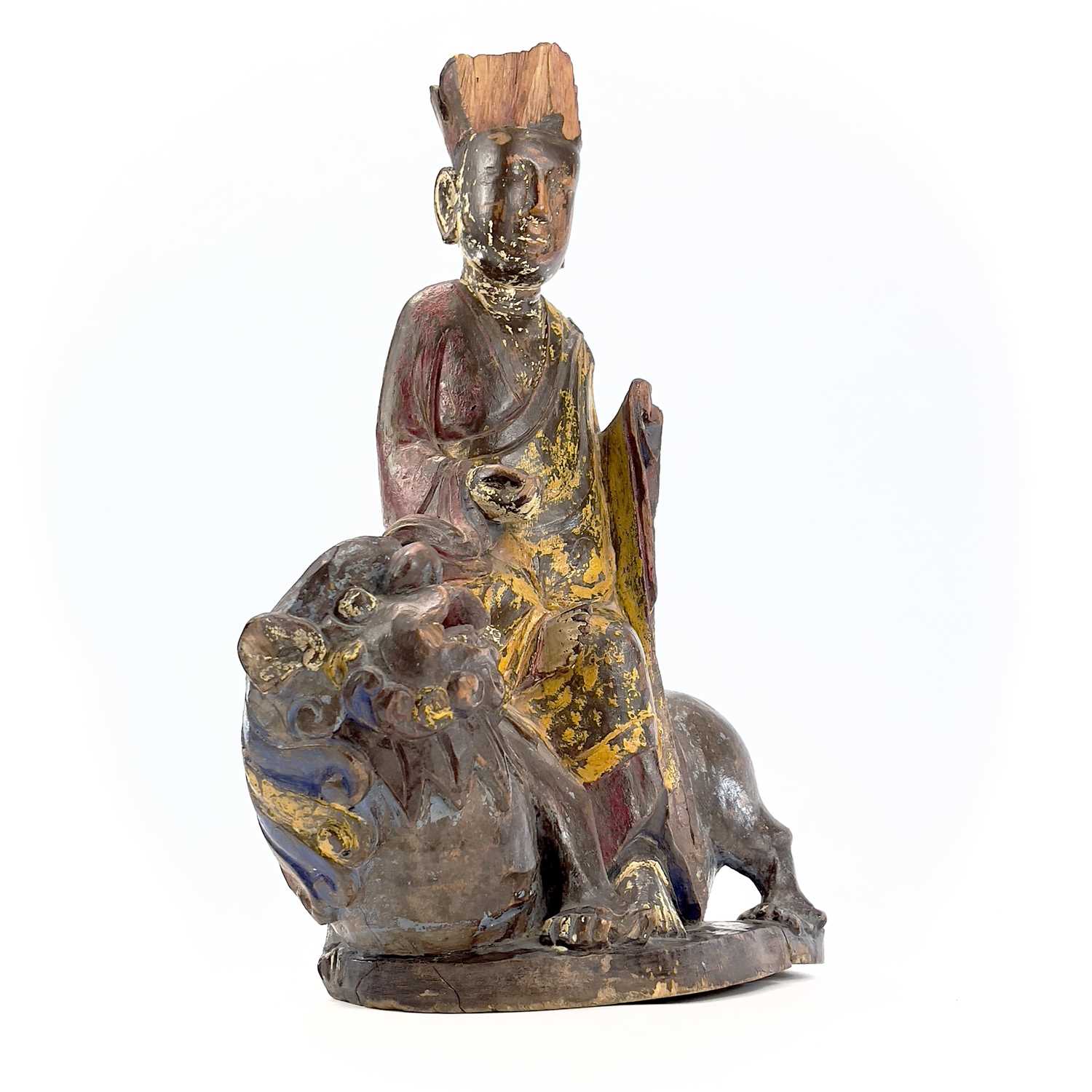 A Chinese carved and painted figure, 19th century, seated in robes wearing a high crown and riding a - Image 2 of 11