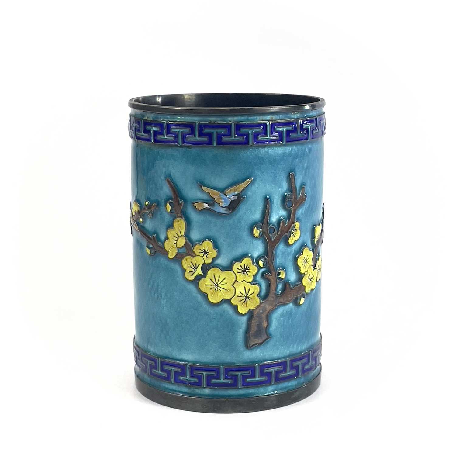A Chinese silver and enamel brush pot, decorated in relief with a flowering tree and birds, height - Image 2 of 6