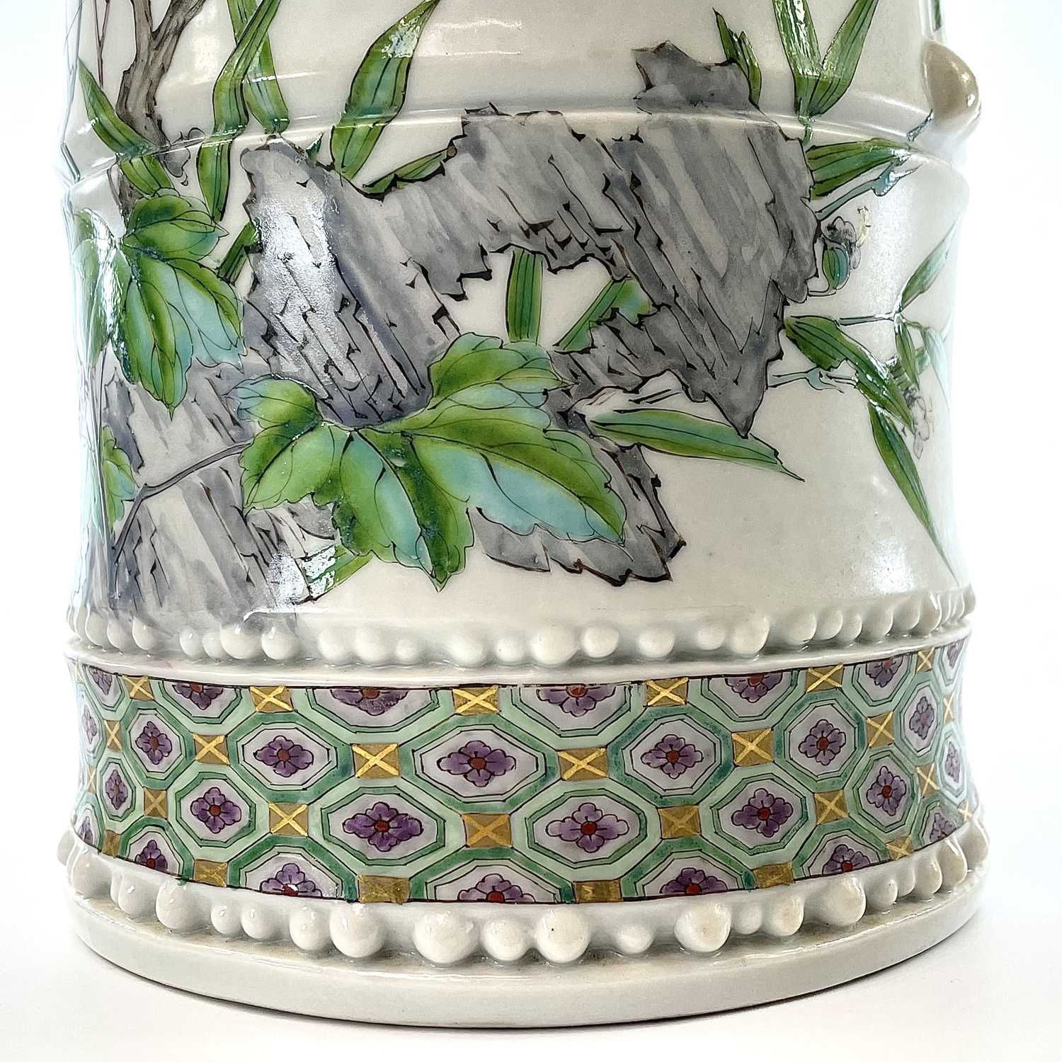 A large Chinese famille rose porcelain brush pot, 19th century, painted with a bird perched on a - Image 6 of 10