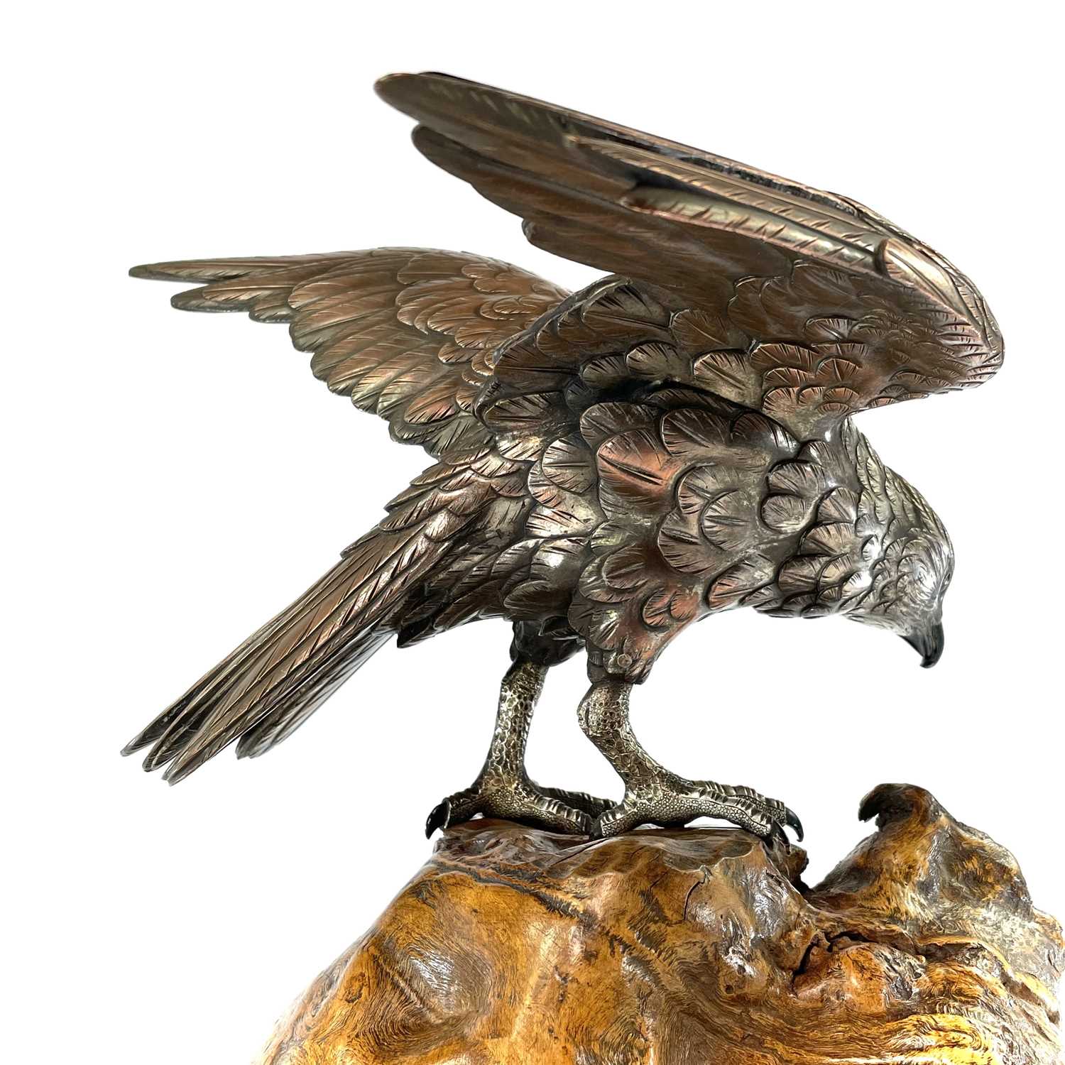 A Japanese silvered bronze Okimono of a hawk by Seiya Genryusai, Meiji Period (1868-1912), perched - Image 5 of 10