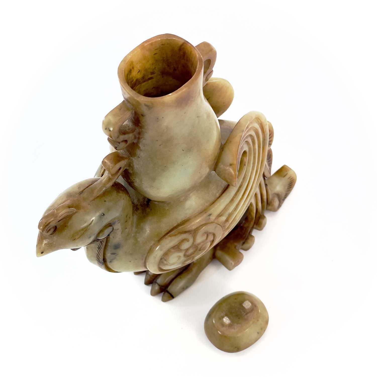 A Chinese jade carved model of a phoenix, 20th century, supporting an archaic vase, height 22cm, - Image 5 of 8