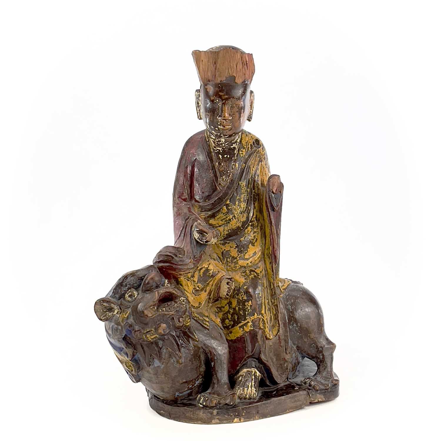A Chinese carved and painted figure, 19th century, seated in robes wearing a high crown and riding a - Image 10 of 11