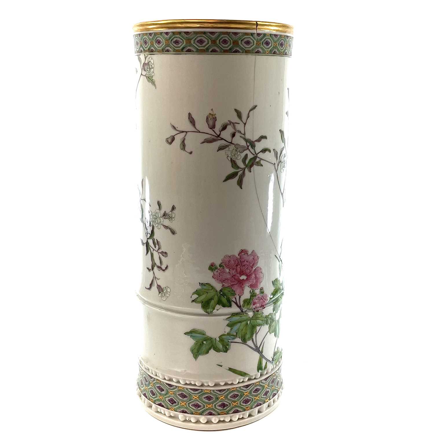 A large Chinese famille rose porcelain brush pot, 19th century, painted with a bird perched on a - Image 3 of 10