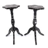 Two Indian mother of pearl inlaid tripod tables, circa 1900, the shaped tops each with metal