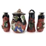 A Japanese Sumida Gawa pottery lidded jar, late 19th century, height 18cm, width 12cm and three