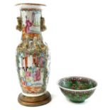 A Chinese Canton porcelain vase, 19th century, converted to a lamp base, drilled, height 28cm and