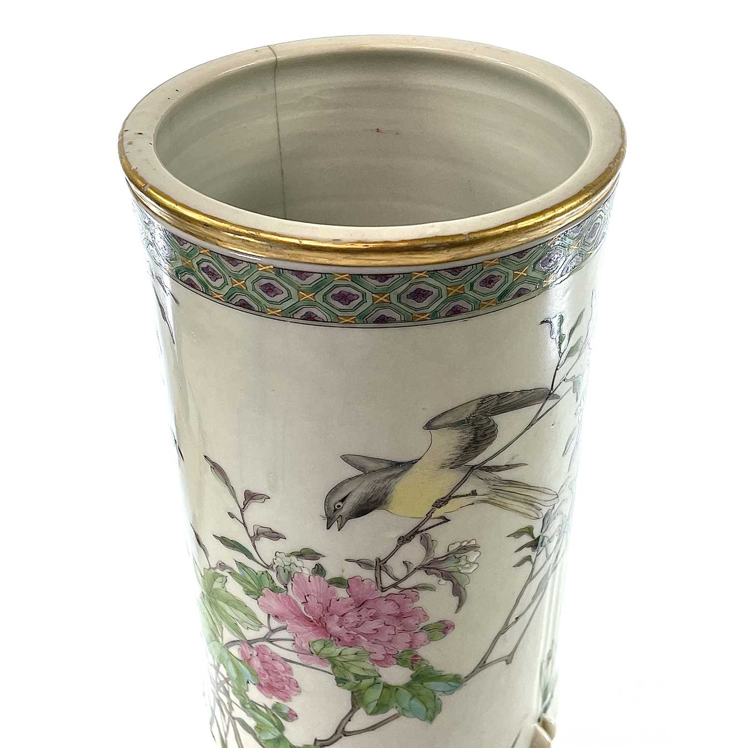 A large Chinese famille rose porcelain brush pot, 19th century, painted with a bird perched on a - Image 10 of 10