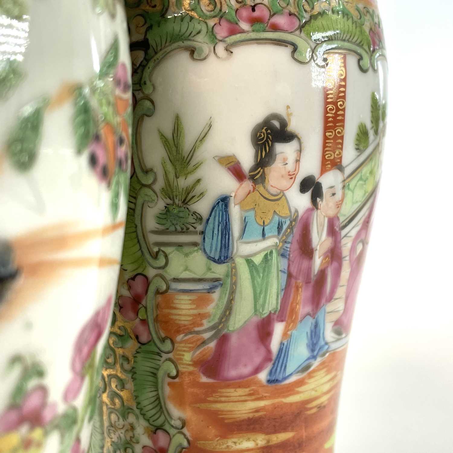 A pair of Chinese Canton porcelain vases, 19th century, each with a panel enclosing figures in an - Image 6 of 9