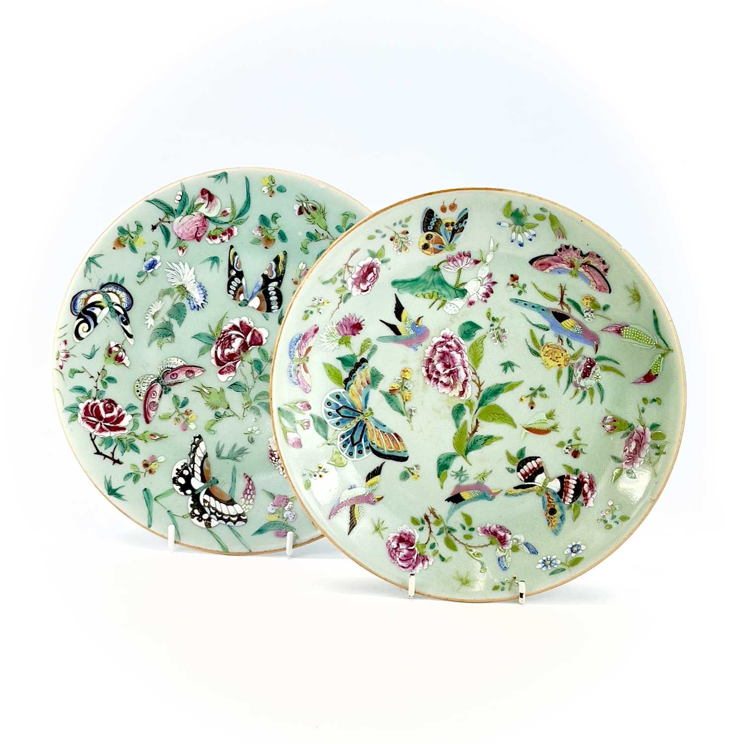 Two Chinese Canton celadon porcelain plates, 19th century, diameters 26.5cm and 25.5cm. (2)One has a - Image 4 of 10