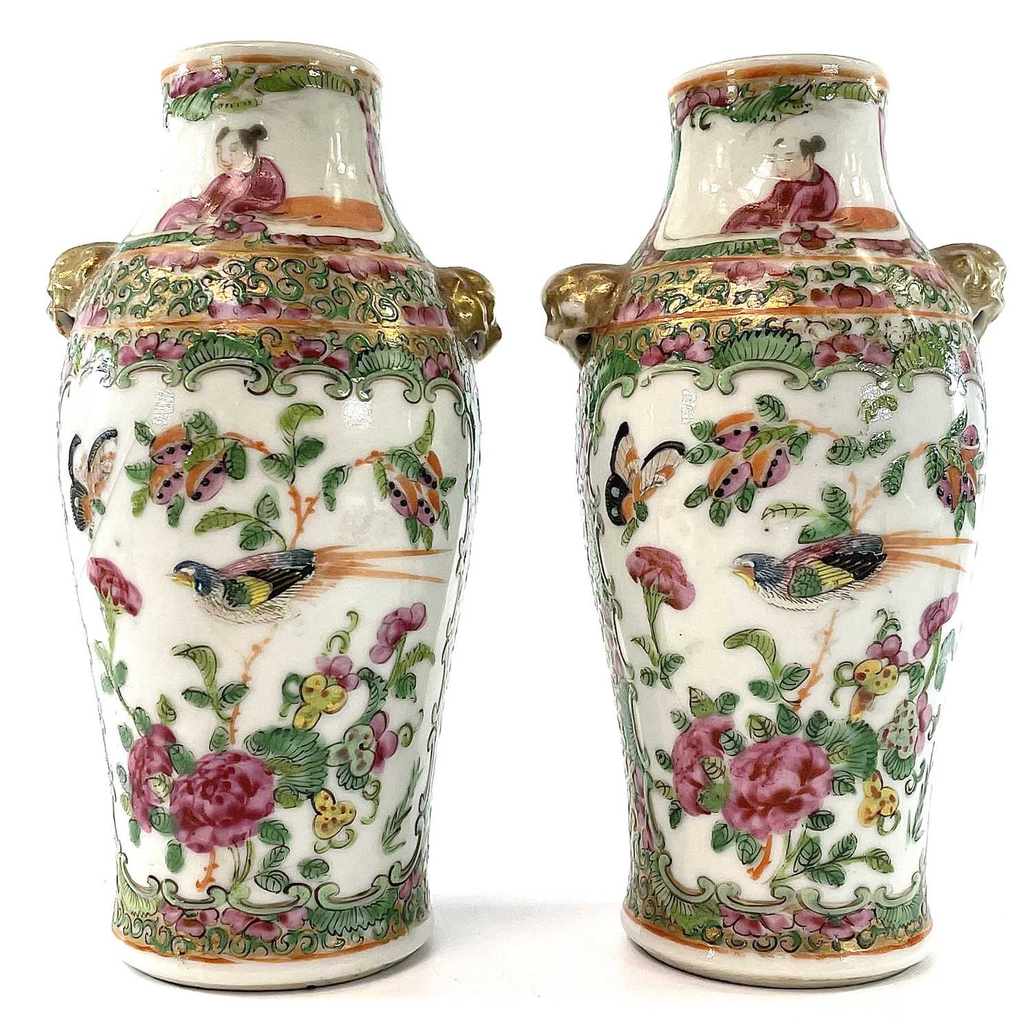 A pair of Chinese Canton porcelain vases, 19th century, each with a panel enclosing figures in an - Image 2 of 9