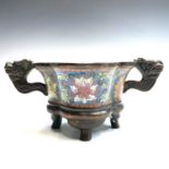 A Chinese bronze and cloisonne enamel censer, late Republic period, with twin stylised dragon mask