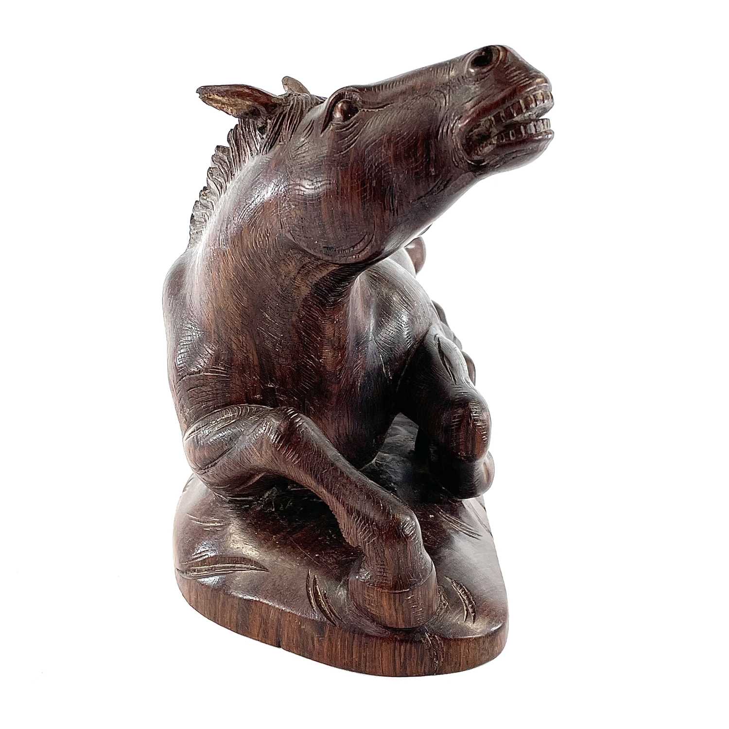 A Chinese carved wood model of a horse, 19th century, on a later base, height 20cm, width 38cm, - Image 2 of 10