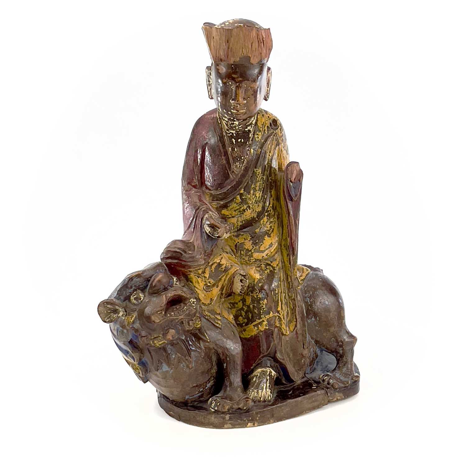 A Chinese carved and painted figure, 19th century, seated in robes wearing a high crown and riding a - Image 11 of 11