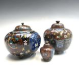 Three Japanese cloisonne jars and covers, Meiji period, largest height 12.5cm.