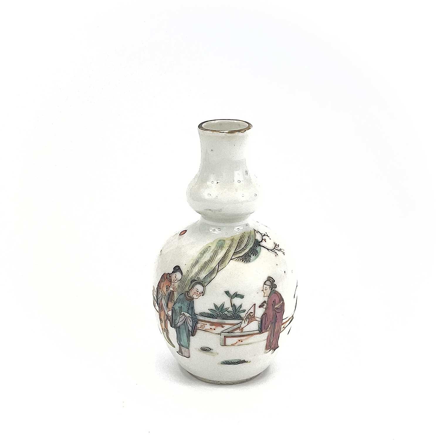 A Chinese famille rose porcelain double gourd vase, circa 1900, with three figures in a landscape, - Image 7 of 15