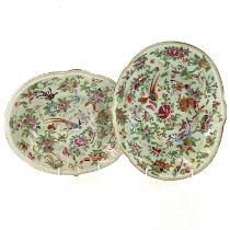 Two Chinese Canton celadon porcelain oval dishes, 19th century, height 4.5cm, width 27.5cm, depth