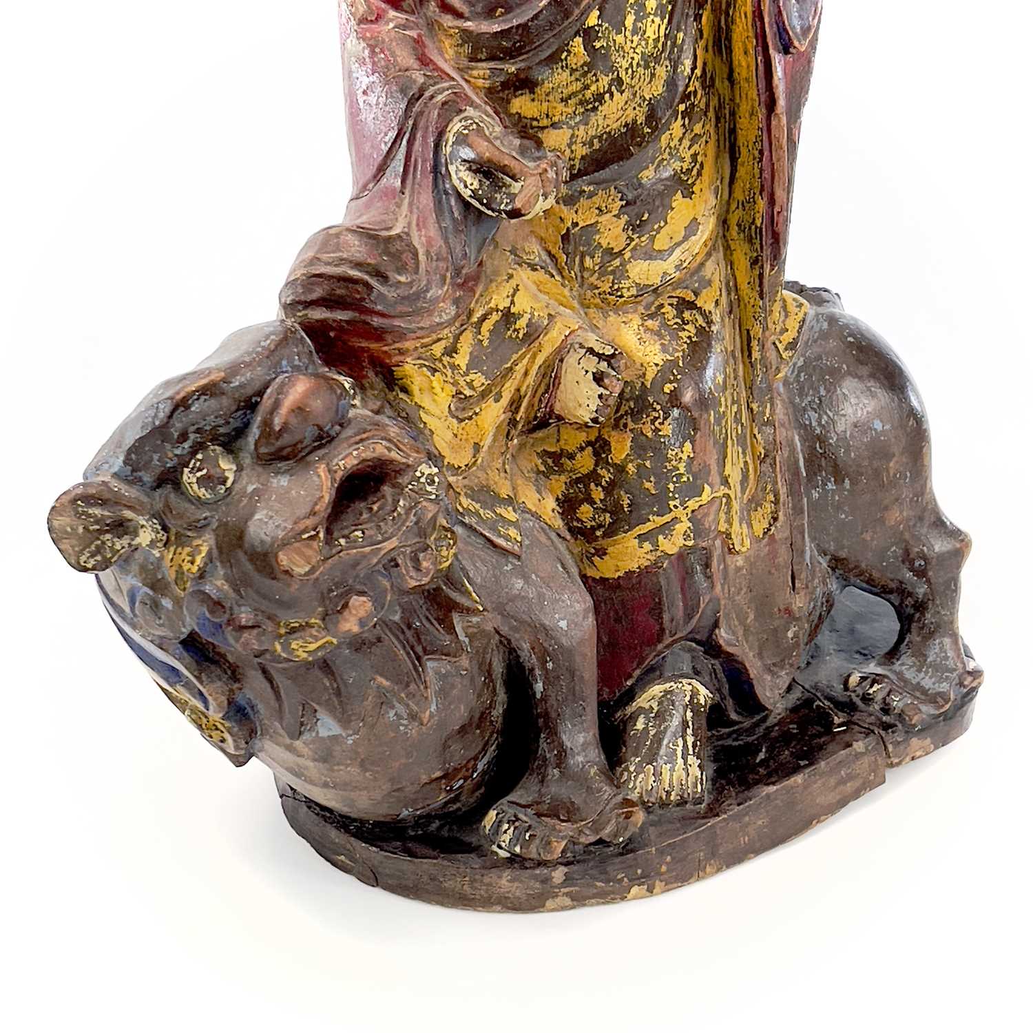 A Chinese carved and painted figure, 19th century, seated in robes wearing a high crown and riding a - Image 9 of 11