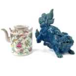 A Chinese Canton porcelain teapot, 19th century, height 14.5cm and a Chinese pottery model of a