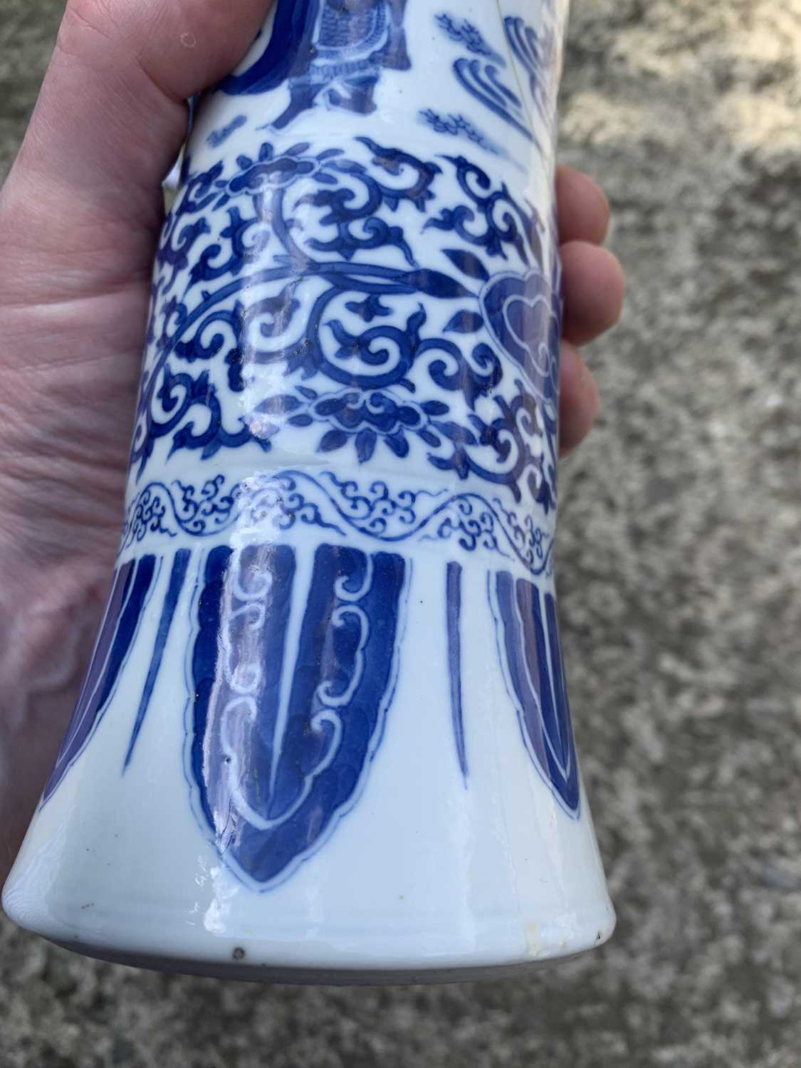 A Chinese blue and white beaker vase, Gu, Transitional, 17th century, painted with figures in a - Image 18 of 23