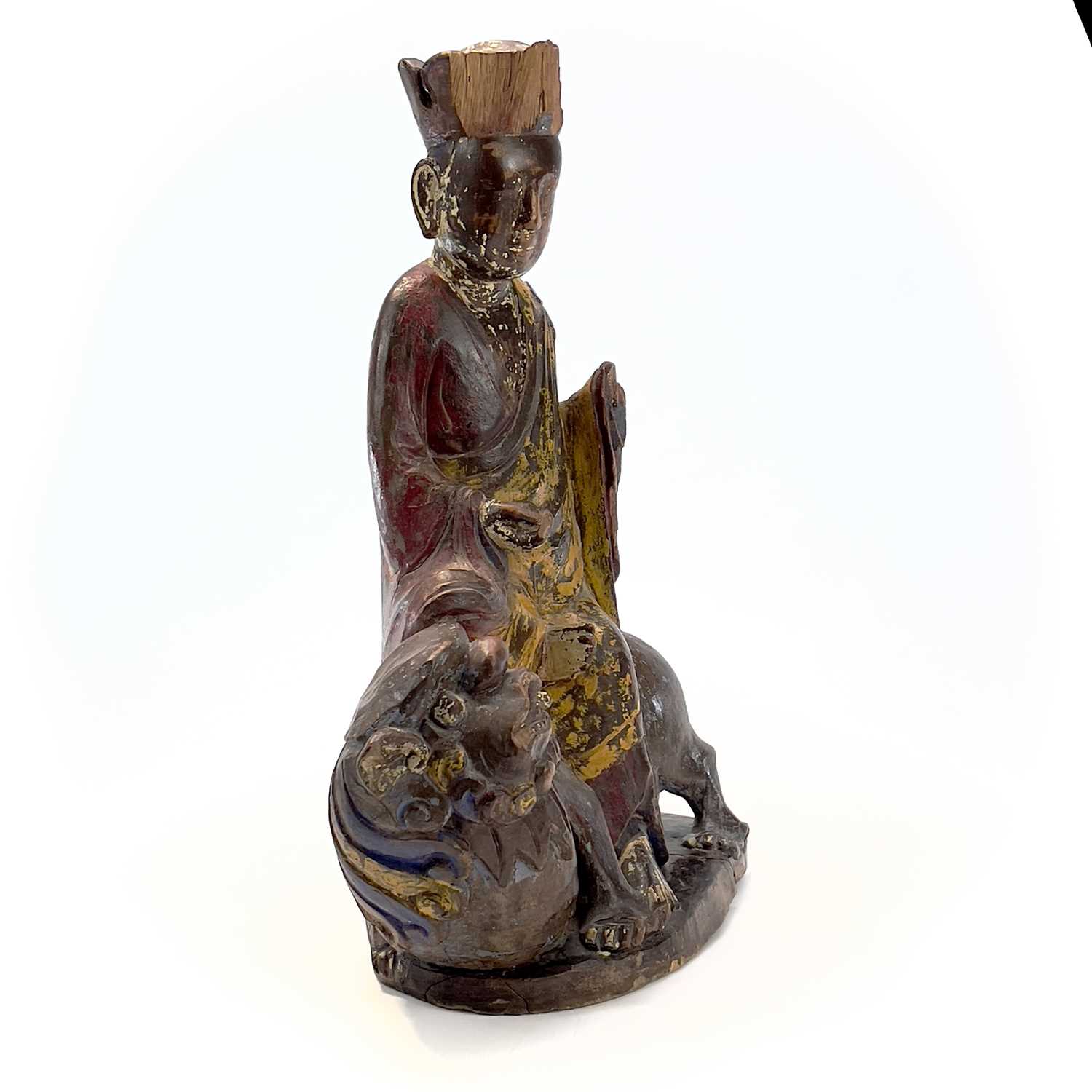 A Chinese carved and painted figure, 19th century, seated in robes wearing a high crown and riding a - Image 6 of 11