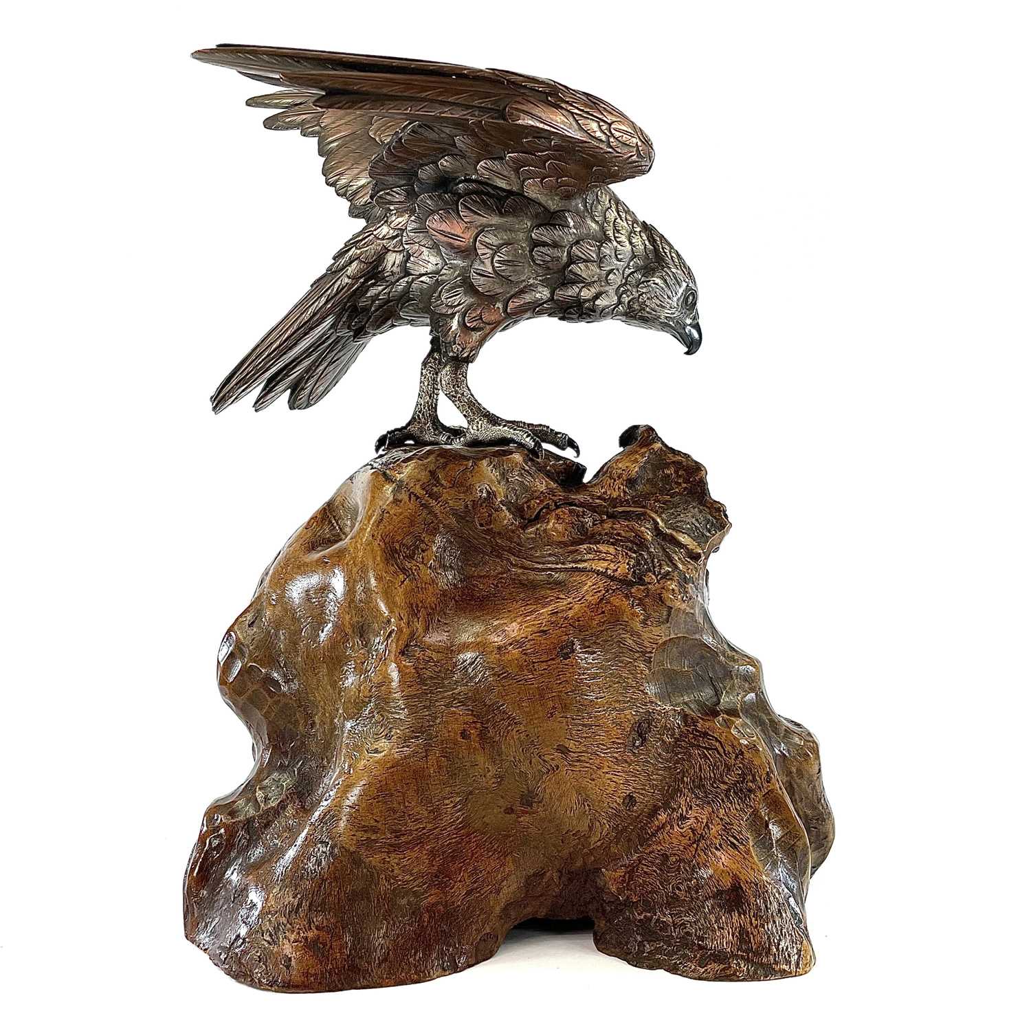 A Japanese silvered bronze Okimono of a hawk by Seiya Genryusai, Meiji Period (1868-1912), perched - Image 3 of 10