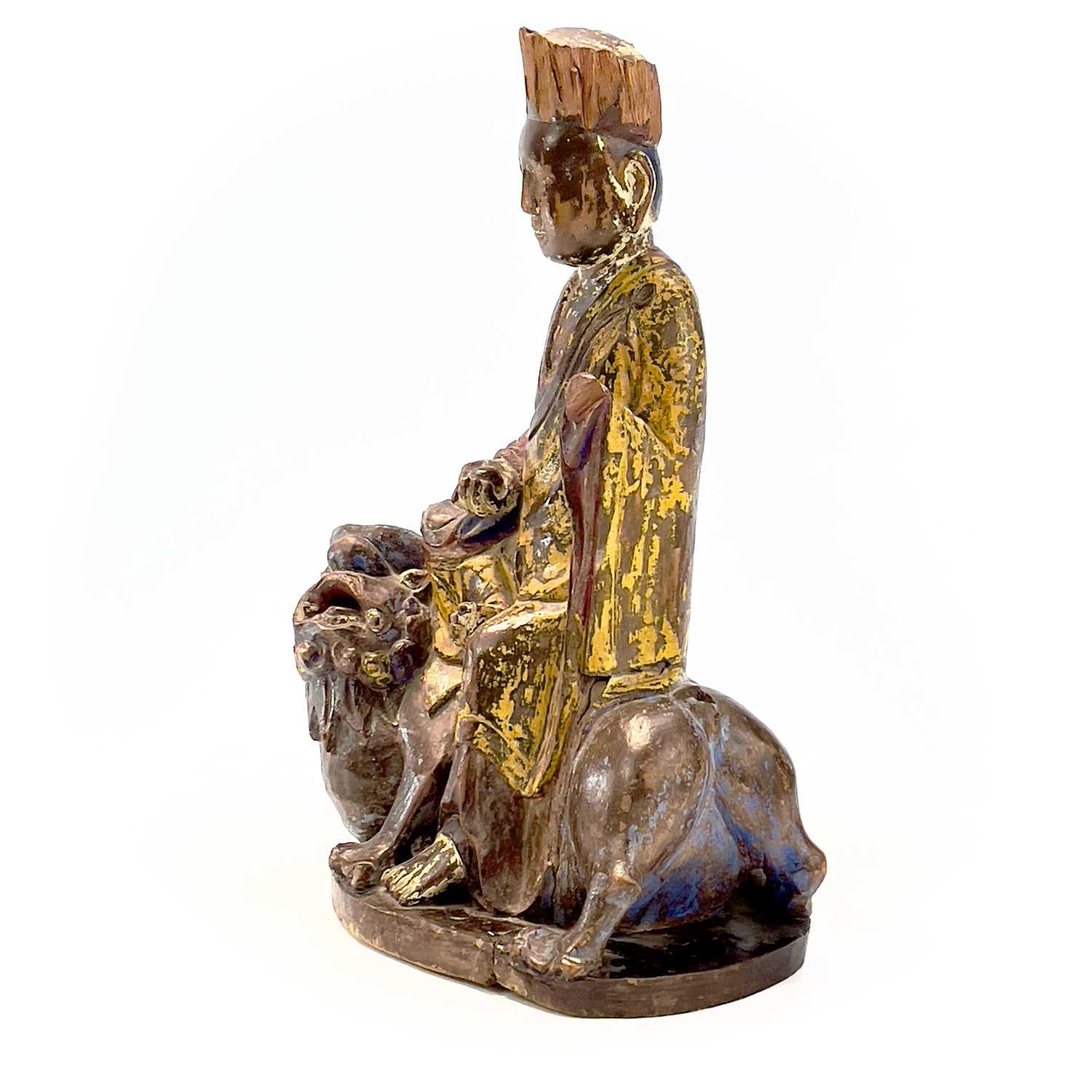 A Chinese carved and painted figure, 19th century, seated in robes wearing a high crown and riding a - Image 3 of 11