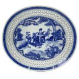 A Chinese export blue and white porcelain oval dish, 18th century, with figures in a garden,