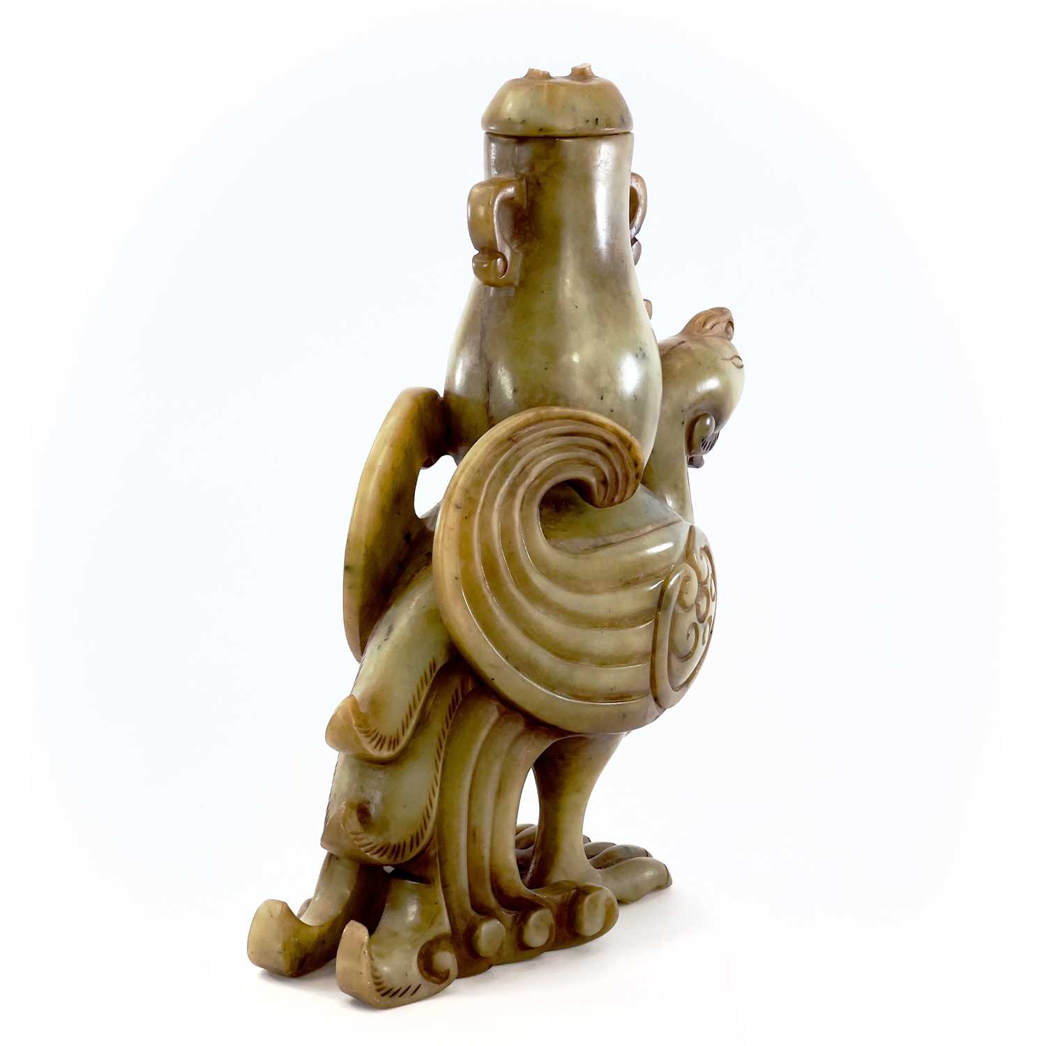A Chinese jade carved model of a phoenix, 20th century, supporting an archaic vase, height 22cm, - Image 6 of 8
