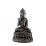 A Chinese bronze model of a seated buddha, 20th century, six character mark, height 29cm, width