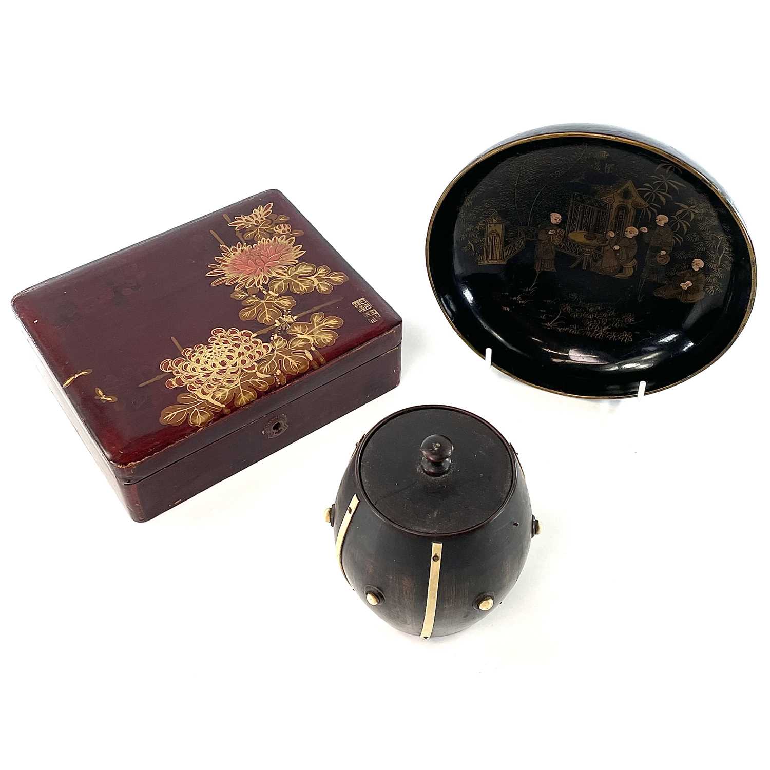 A Chinese black lacquer papier mache footed bowl, diameter 17cm, a Japanese red lacquer work box,