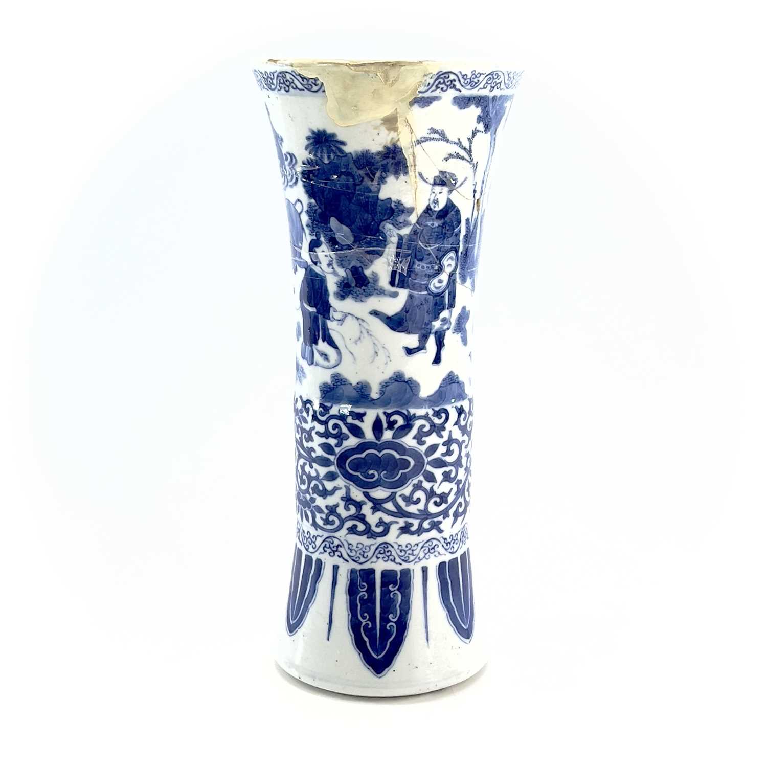 A Chinese blue and white beaker vase, Gu, Transitional, 17th century, painted with figures in a - Image 5 of 23