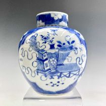 A Chinese blue and white ginger jar and cover, late 19th century, the prunus pattern body with