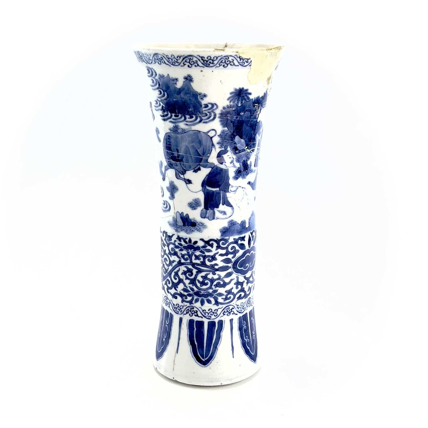 A Chinese blue and white beaker vase, Gu, Transitional, 17th century, painted with figures in a - Image 3 of 23